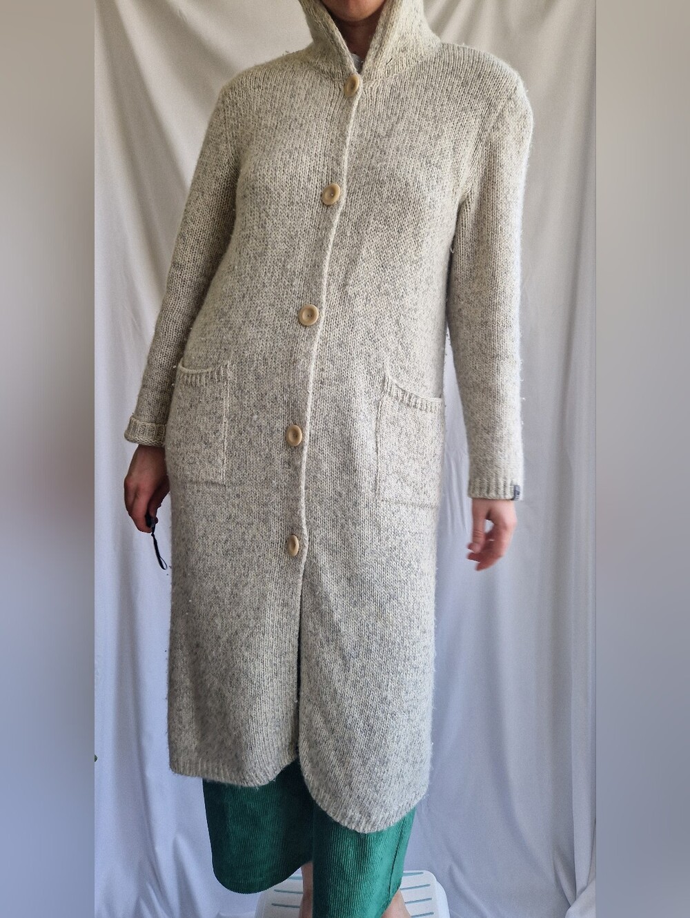 Long Hooded Cream Knit Button-Front Women’s Sweater Coat - Picture 1 of 7